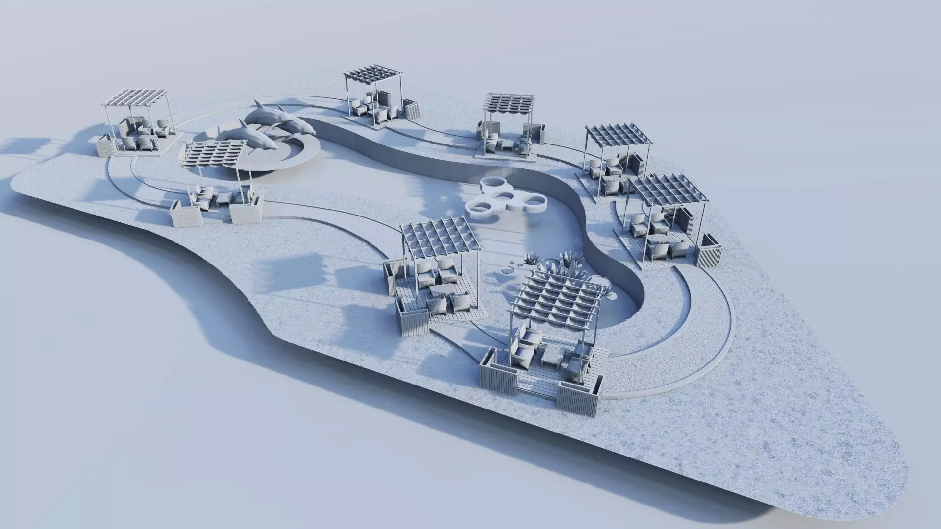 Organic Park Landscape with Water Pond and Pergolas Low-poly 3D model_1