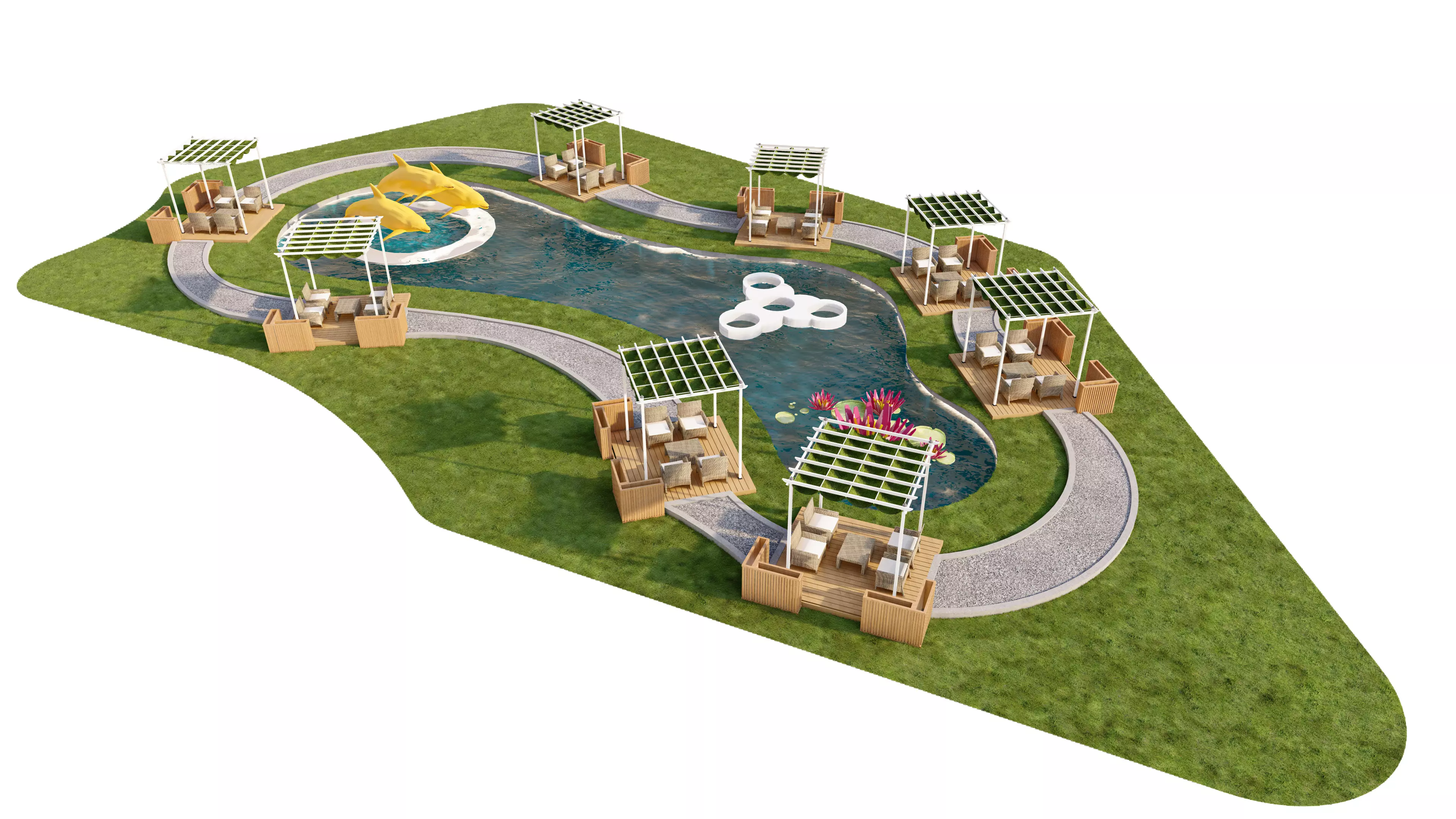 Organic Park Landscape with Water Pond and Pergolas Low-poly 3D model_11