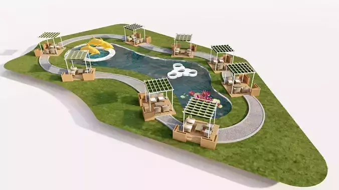 Organic Park Landscape with Water Pond and Pergolas Low-poly 3D model