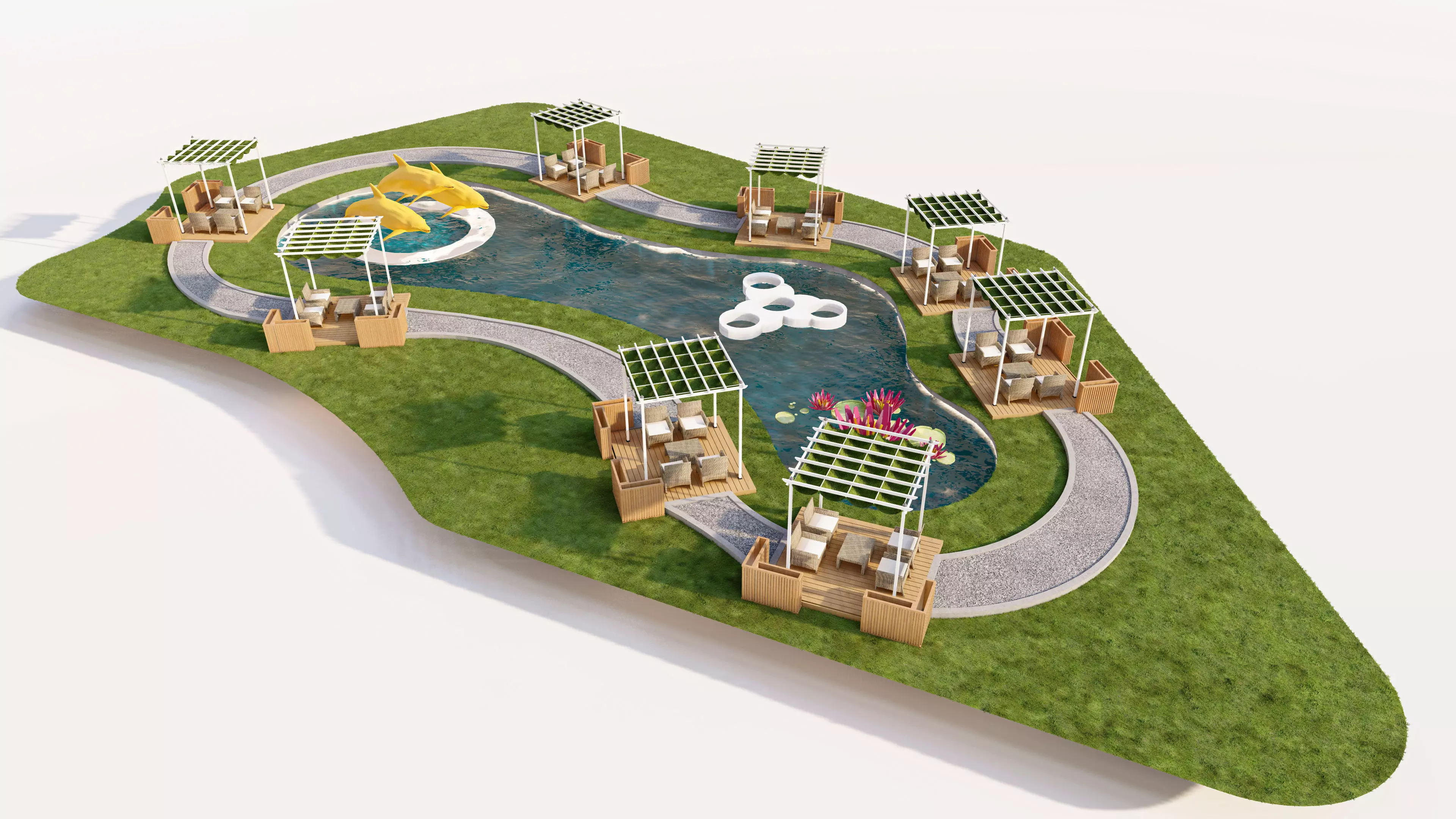 Organic Park Landscape with Water Pond and Pergolas Low-poly 3D model_0