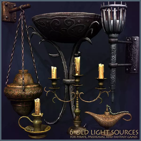 6 Old Light Sources Low-poly 3D model_0