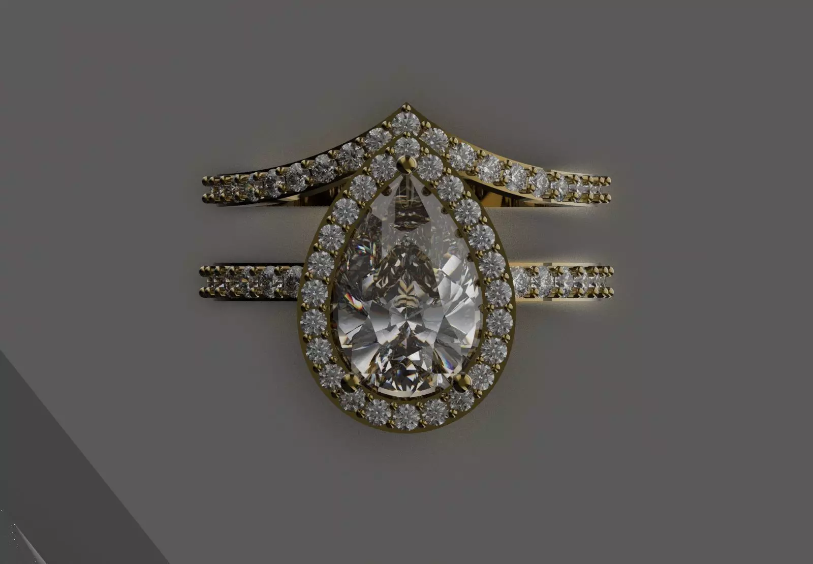 Classic Pear Cut Solitaire with Halo Engagement Set wr0121 3D print model_3