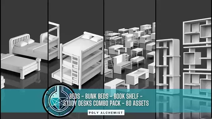 Bookshelf-Beds -Study Desk And Table Pack - 80 Assets