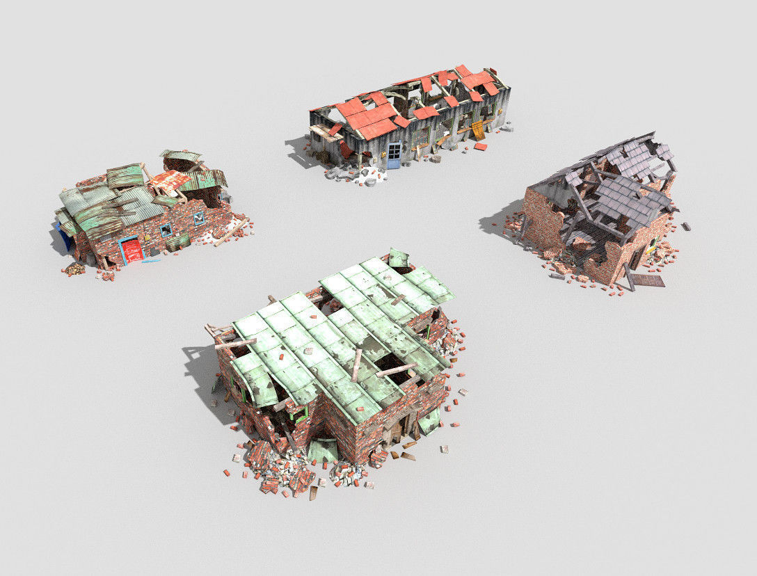 4 destroyed buildings pack 1 Low-poly 3D model_11