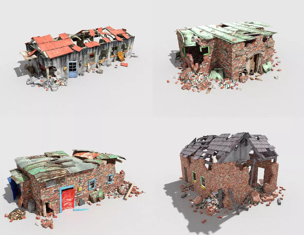 4 destroyed buildings pack 1 Low-poly 3D model_0