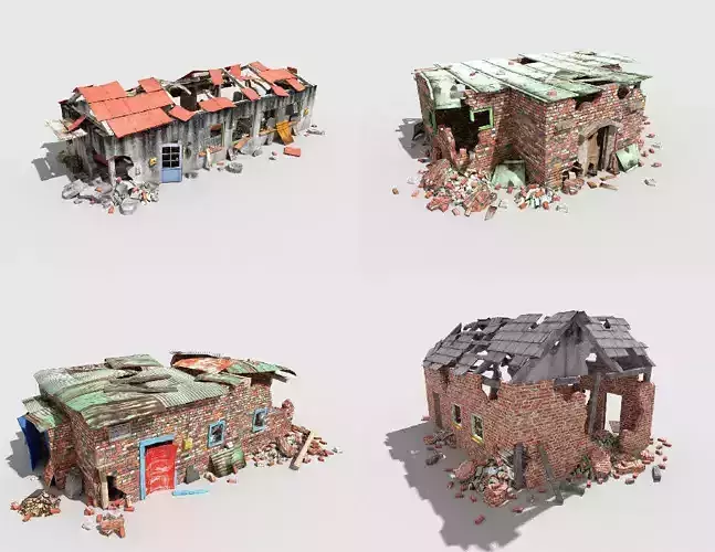 4 low poly destroyed buildings pack 1