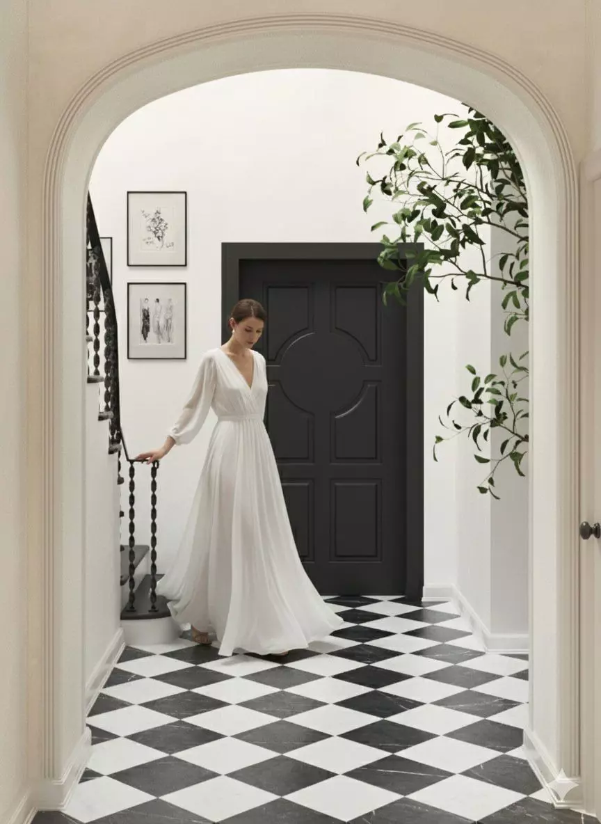 Black Door Entryway 3D Interior  Checkered Marble Floor 3D model_0