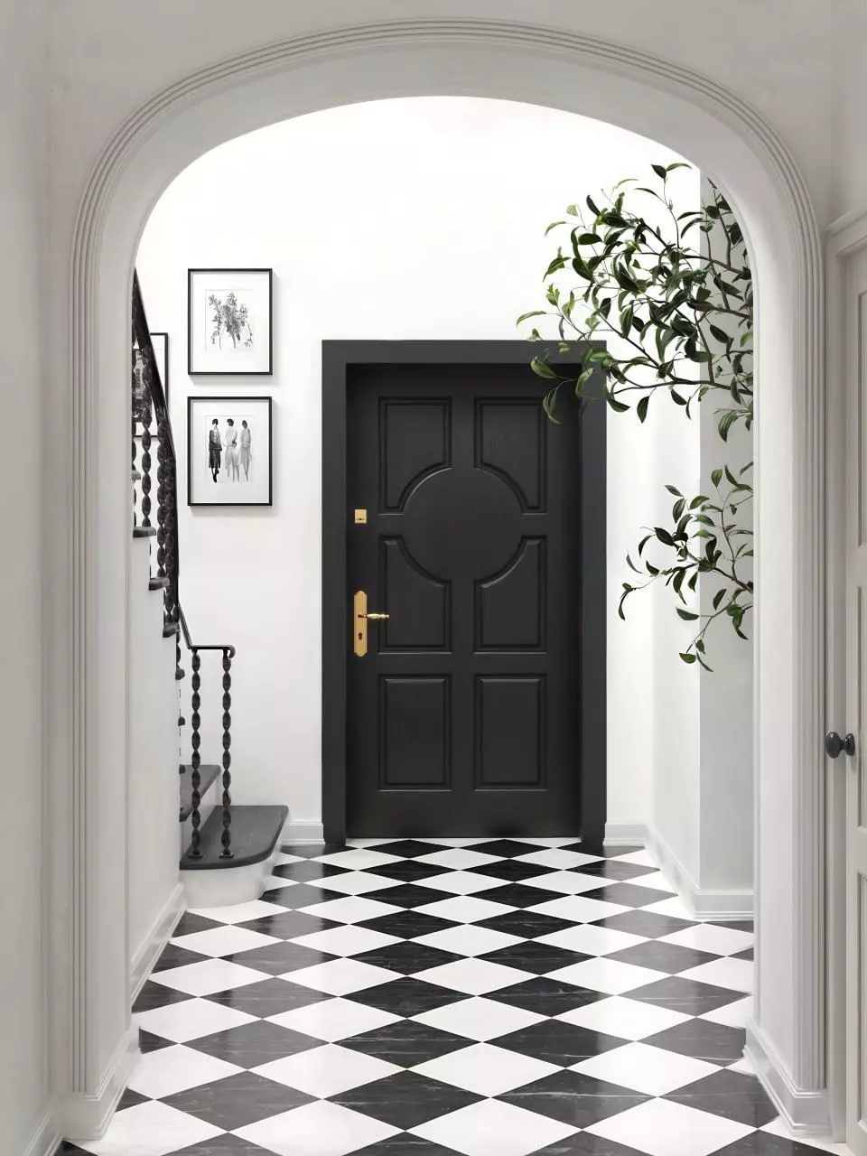 Black Door Entryway 3D Interior  Checkered Marble Floor 3D model_2