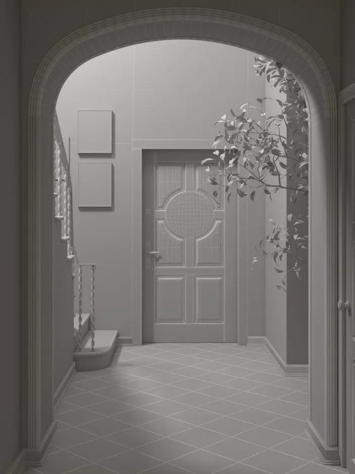 Black Door Entryway 3D Interior  Checkered Marble Floor 3D model_4