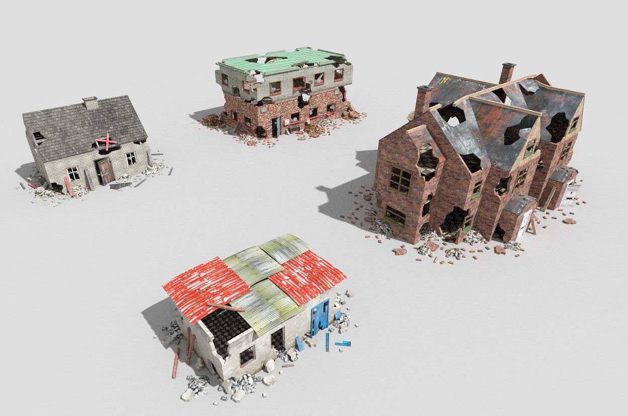 4 destroyed buildings pack 2 Low-poly 3D model_5