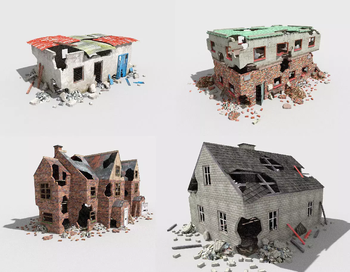 4 destroyed buildings pack 2 Low-poly 3D model_0