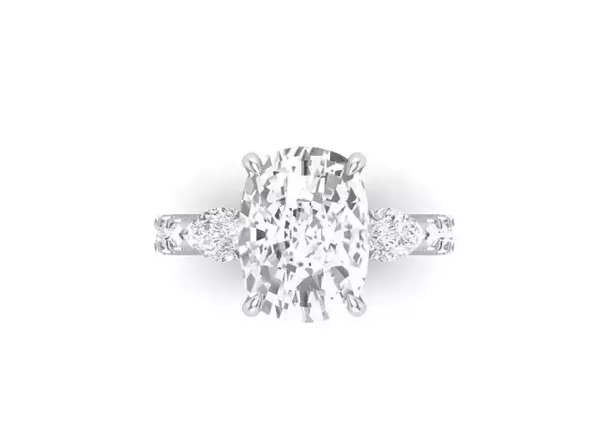 Cushion Diamond Ring With Pear Side Stones Hidden Halo Pave 3dm