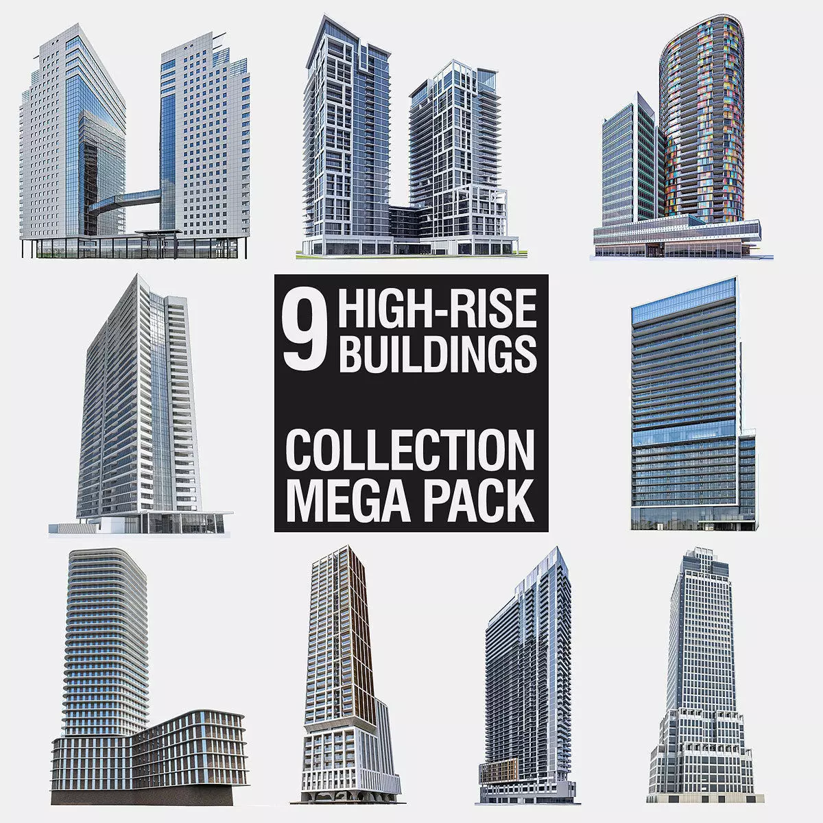 High-rise Buildings Megapack Low-poly 3D model_0
