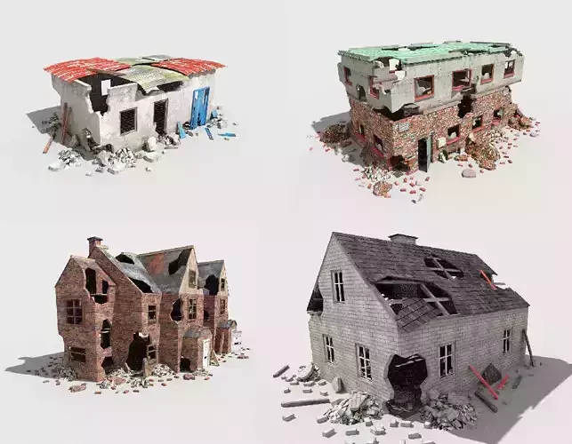 4 low poly destroyed buildings pack 2