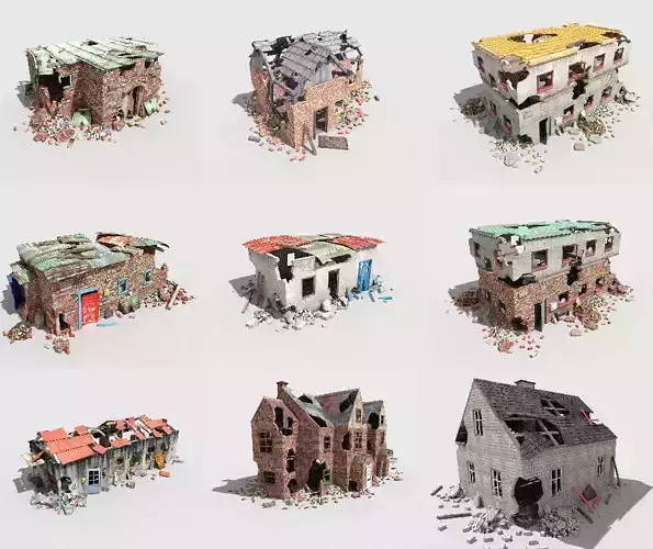9 destroyed buildings pack Low-poly 3D model