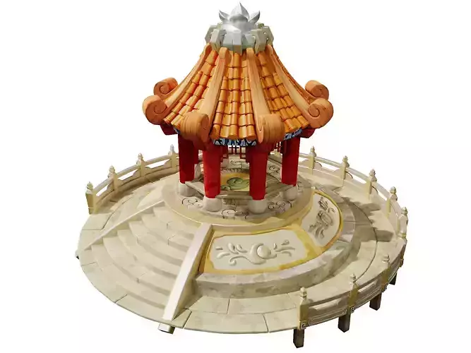 Stylized Asian Pavilion - Game-Ready Circular Plaza Landmark