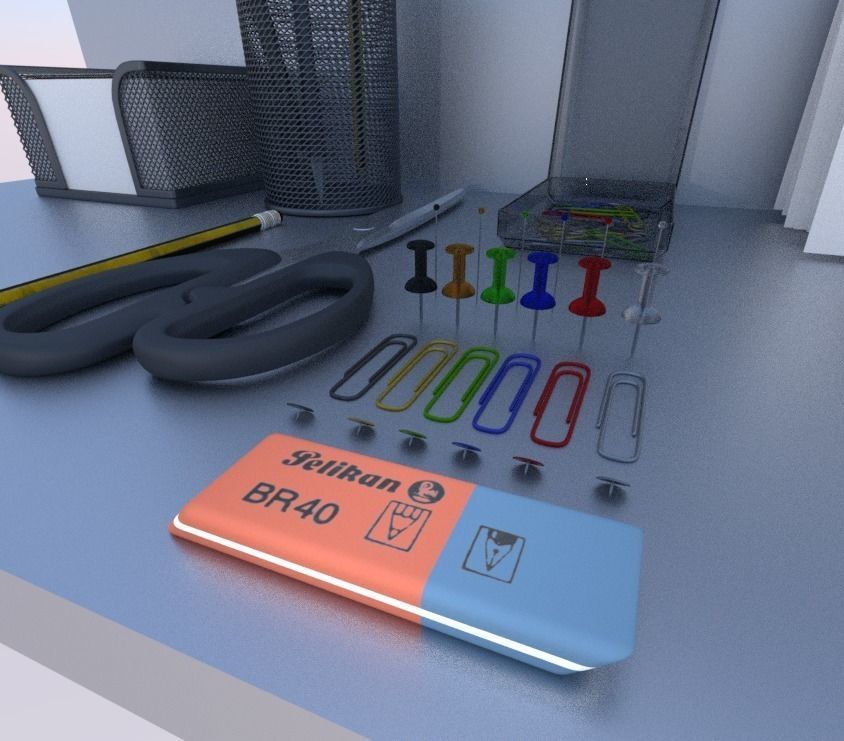 Eraser orange pencil on table Low-poly 3D model_4