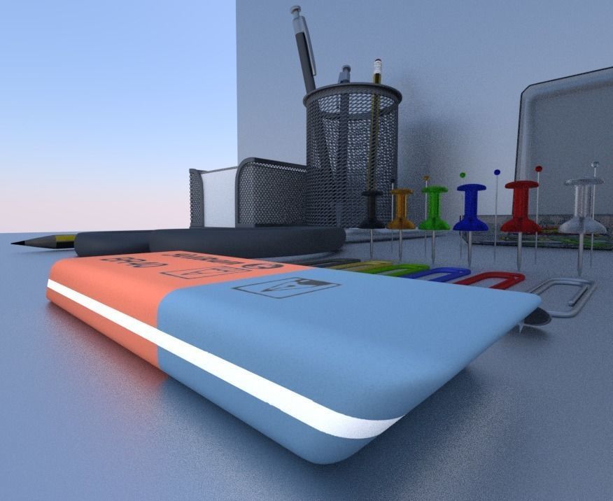 Eraser orange pencil on table Low-poly 3D model_6