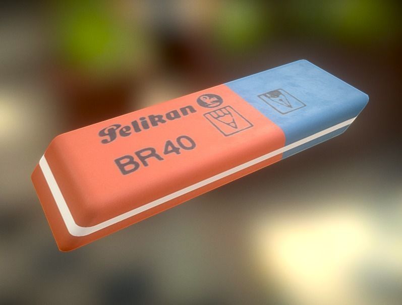 Eraser orange pencil on table Low-poly 3D model_0