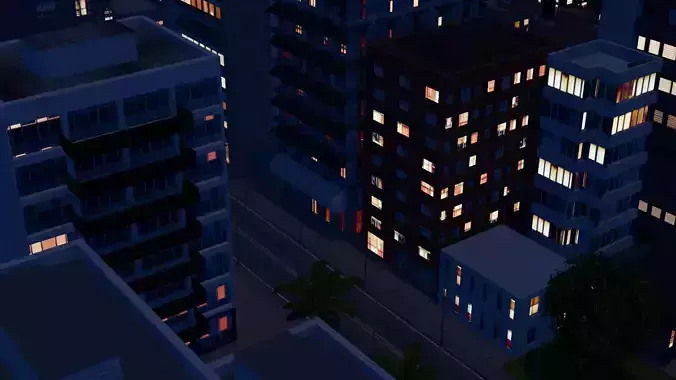 City Downtown Skyscraper Street 02 - NIGHT Low-poly 3D model 7