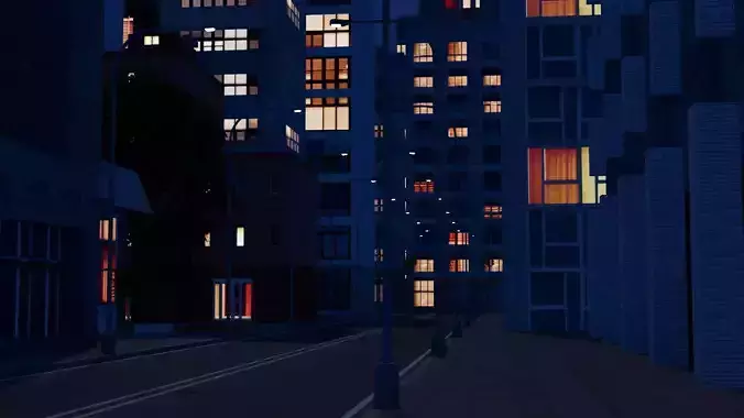City Downtown Skyscraper Street 02 - NIGHT Low-poly 3D model 6