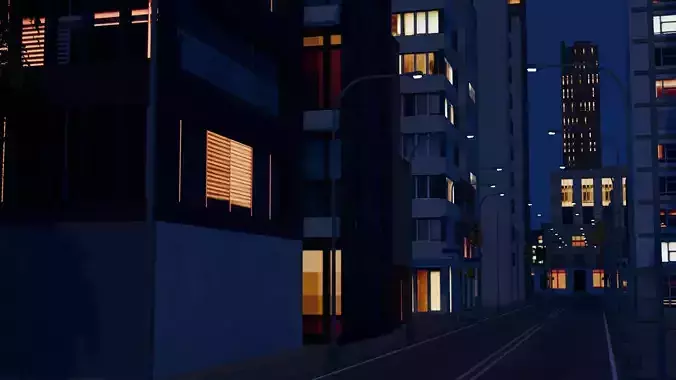 City Downtown Skyscraper Street 02 - NIGHT Low-poly 3D model 4