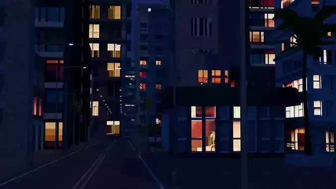 City Downtown Skyscraper Street 02 - NIGHT Low-poly 3D model 5