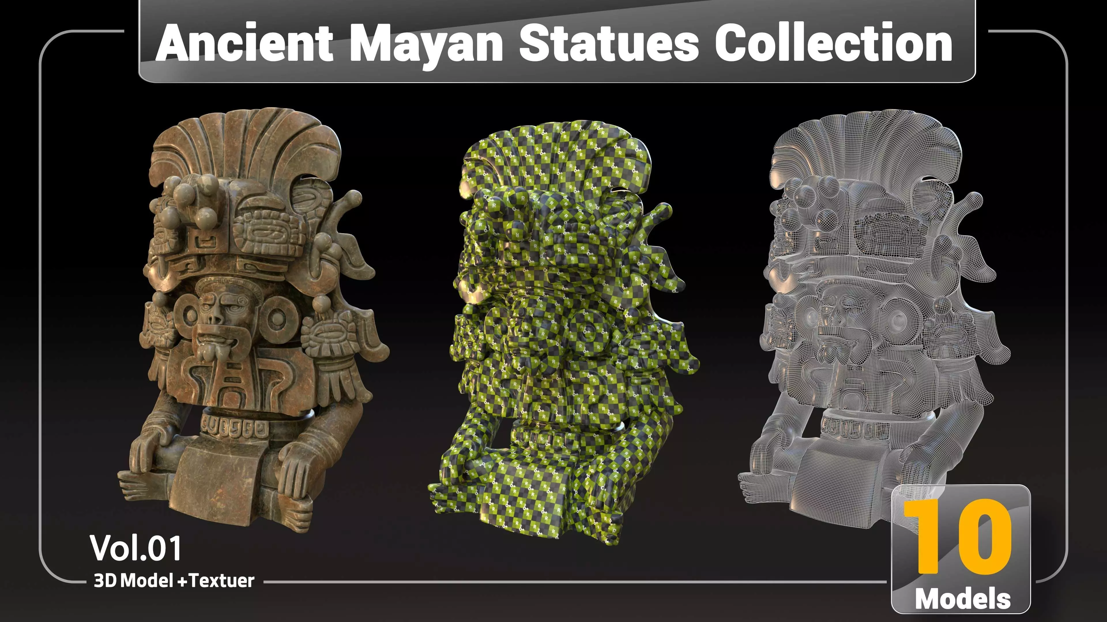 Ancient Mayan Statues Collection Low-poly 3D model_6