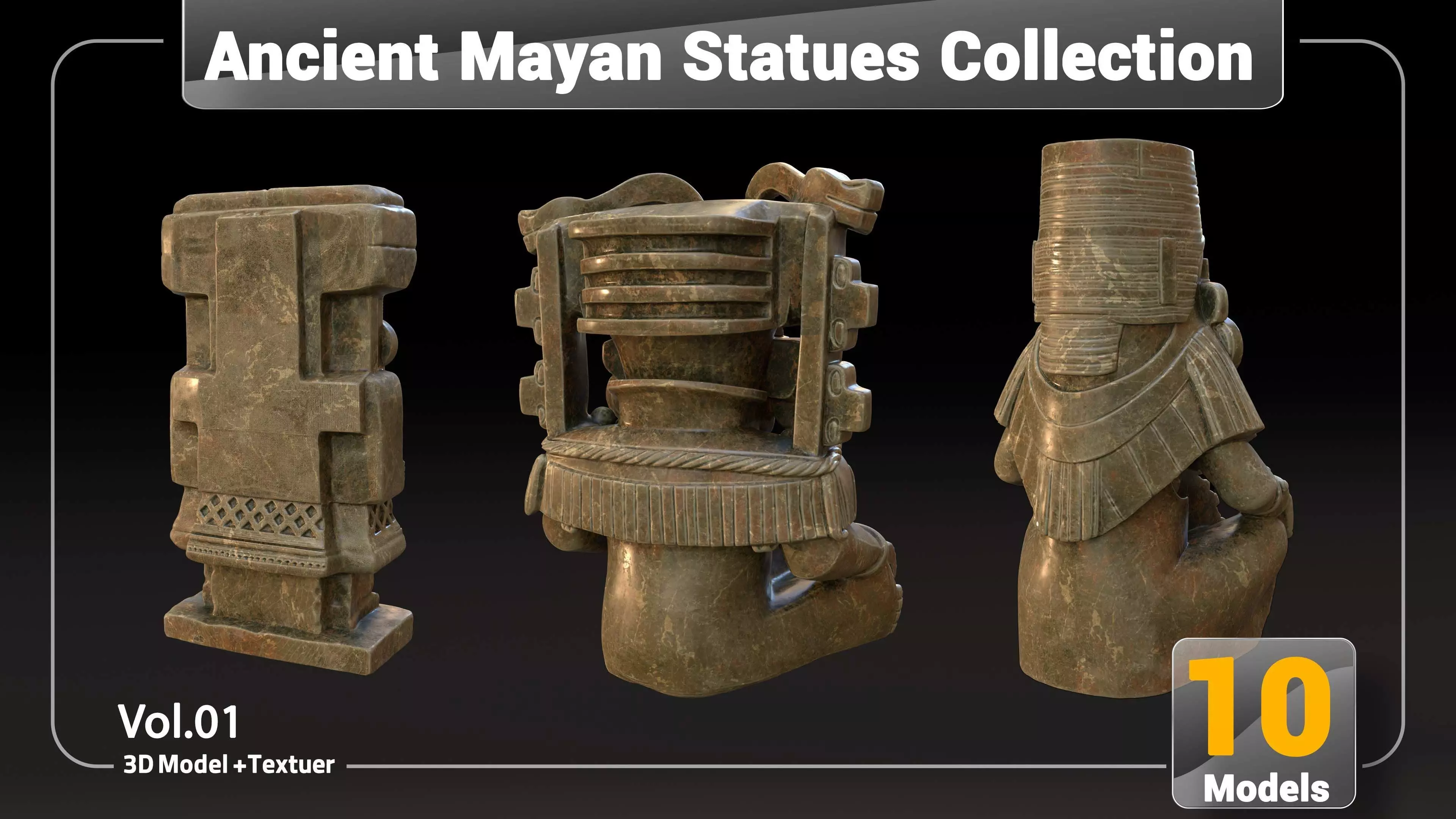 Ancient Mayan Statues Collection Low-poly 3D model_9
