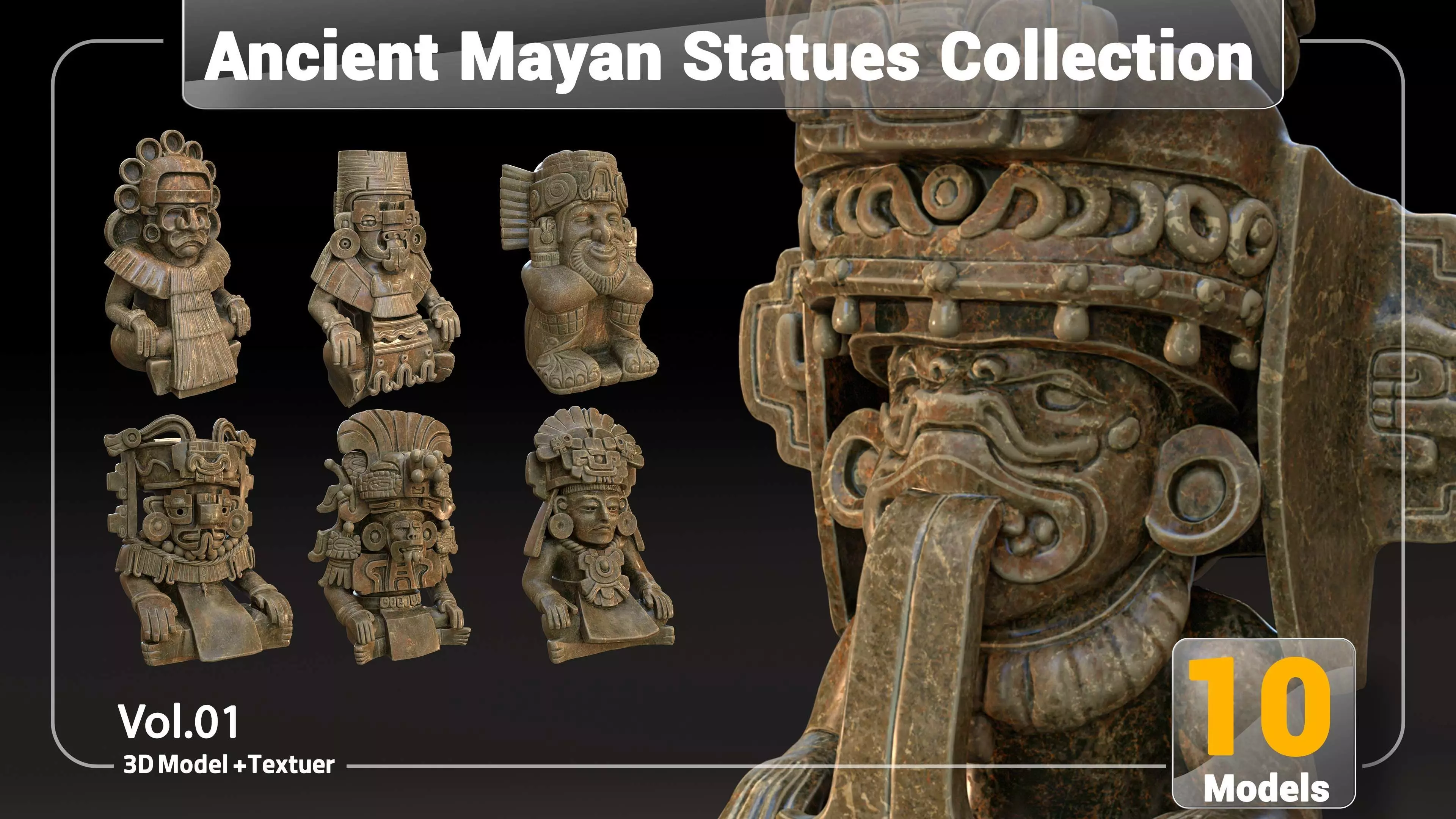 Ancient Mayan Statues Collection Low-poly 3D model_0