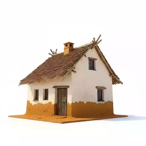 Traditional Rural House with Whitewashed Walls and Thatched Roof Low-poly 3D model