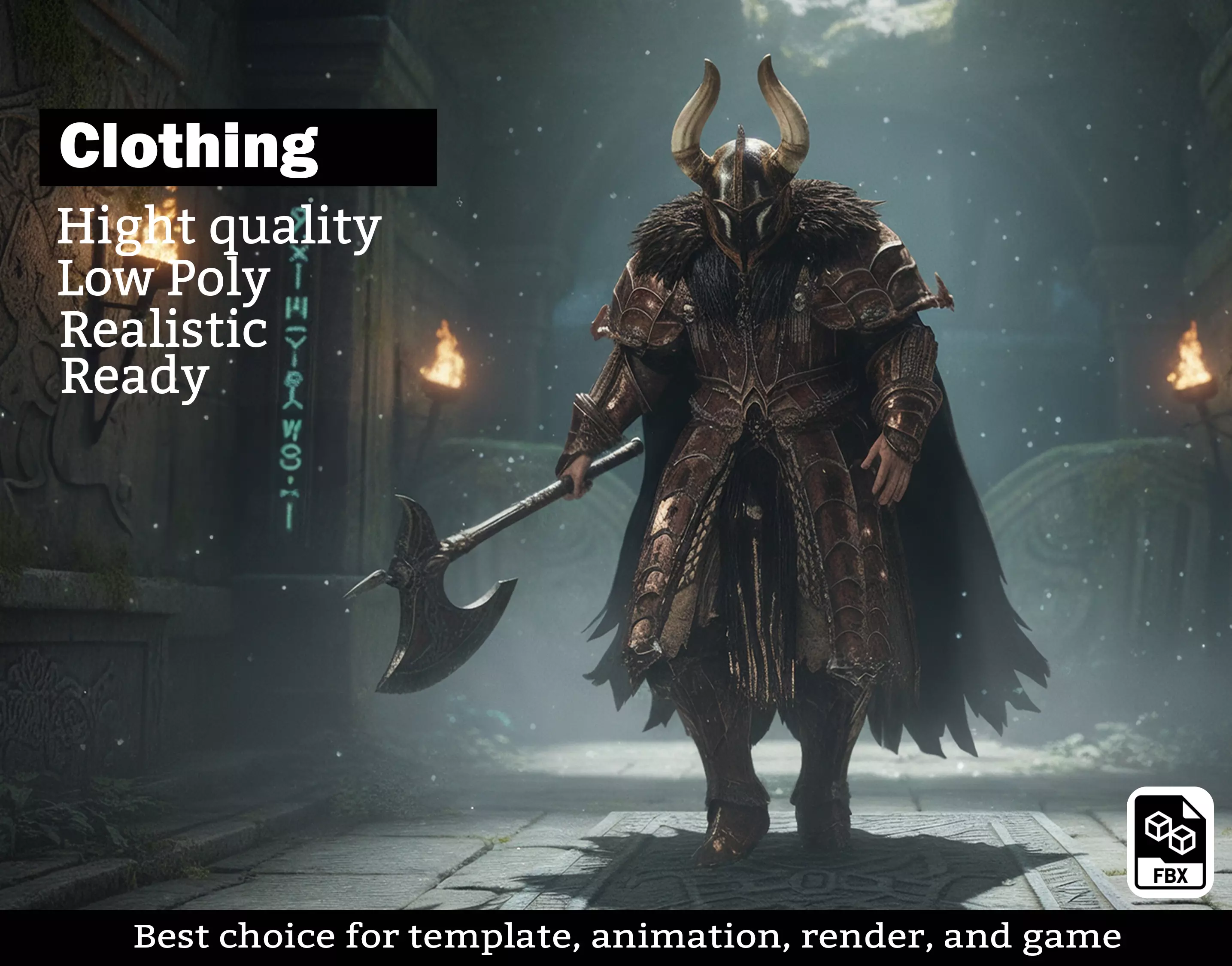 Horned Fantasy Warrior Armor - Game Ready Medieval Set Low-poly 3D model