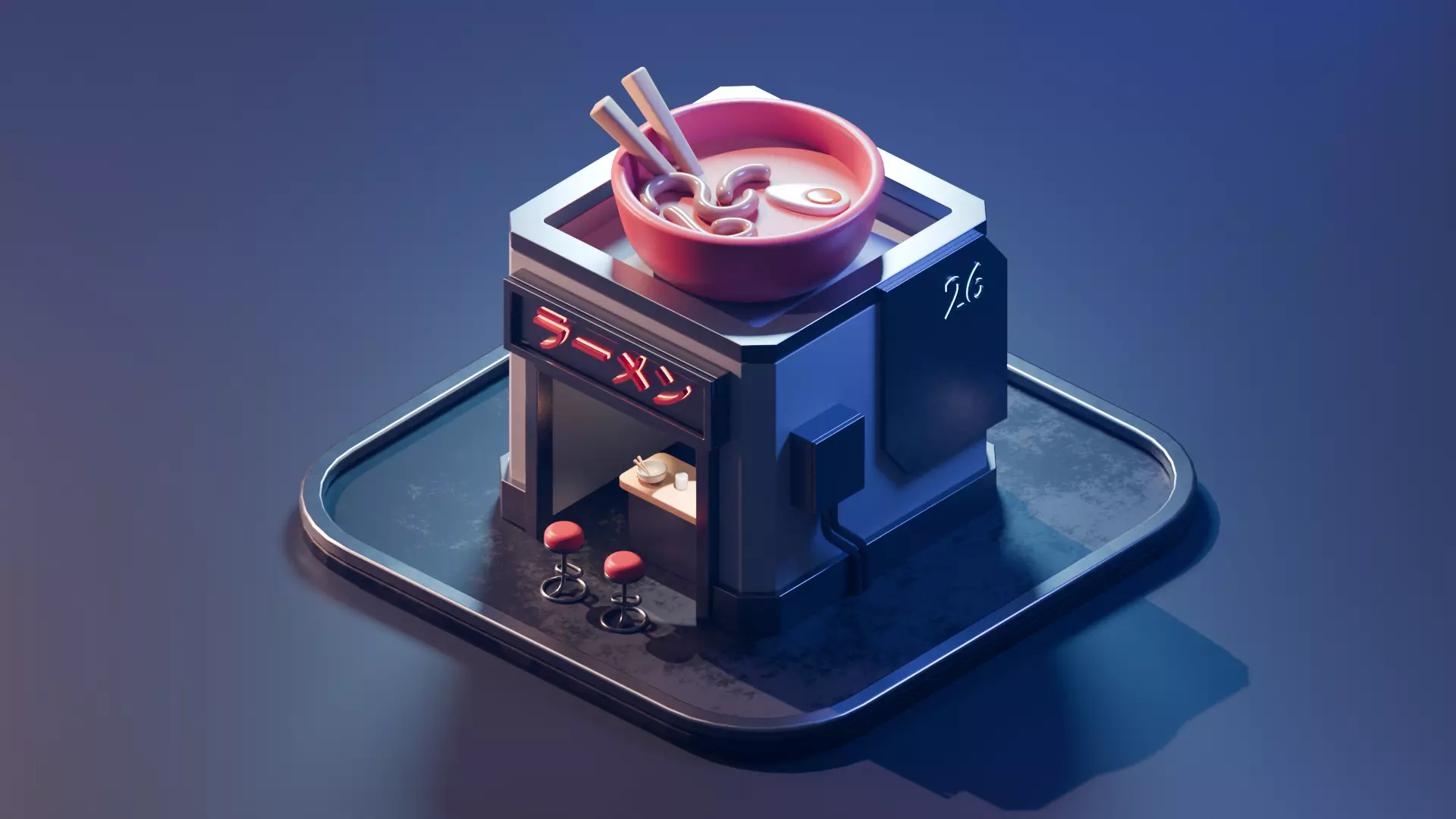Stylized Isometric Ramen Shop - Sci-Fi Japanese Food Stall Low-poly 3D model