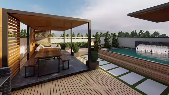 Modern Roof Garden with Pool Pergola BBQ Area Fire pit space 
