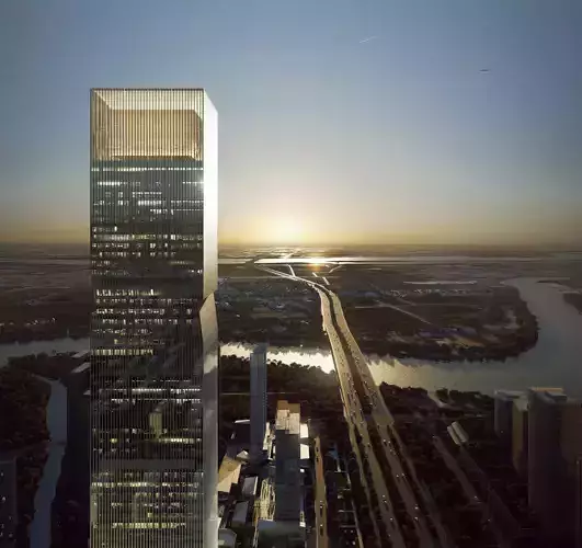 Sunset Landmark Glass Skyscraper By Riverside