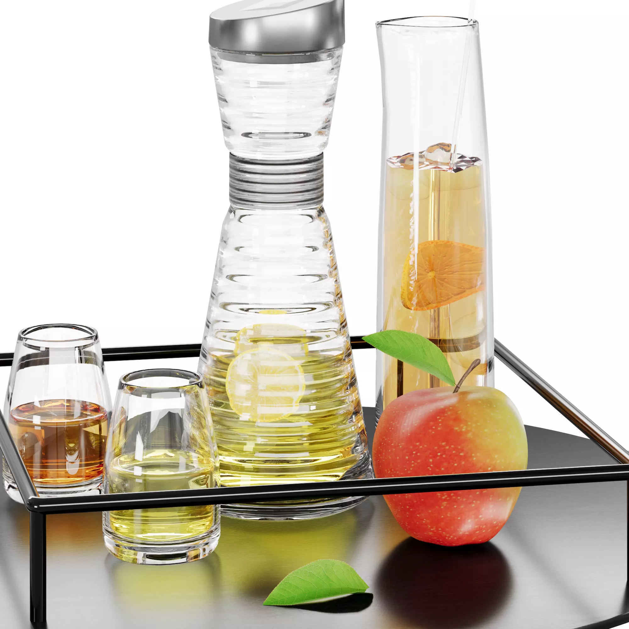 N30 DECANTER Fruit Beverage Set with Apple on Black Tray 3D model_7