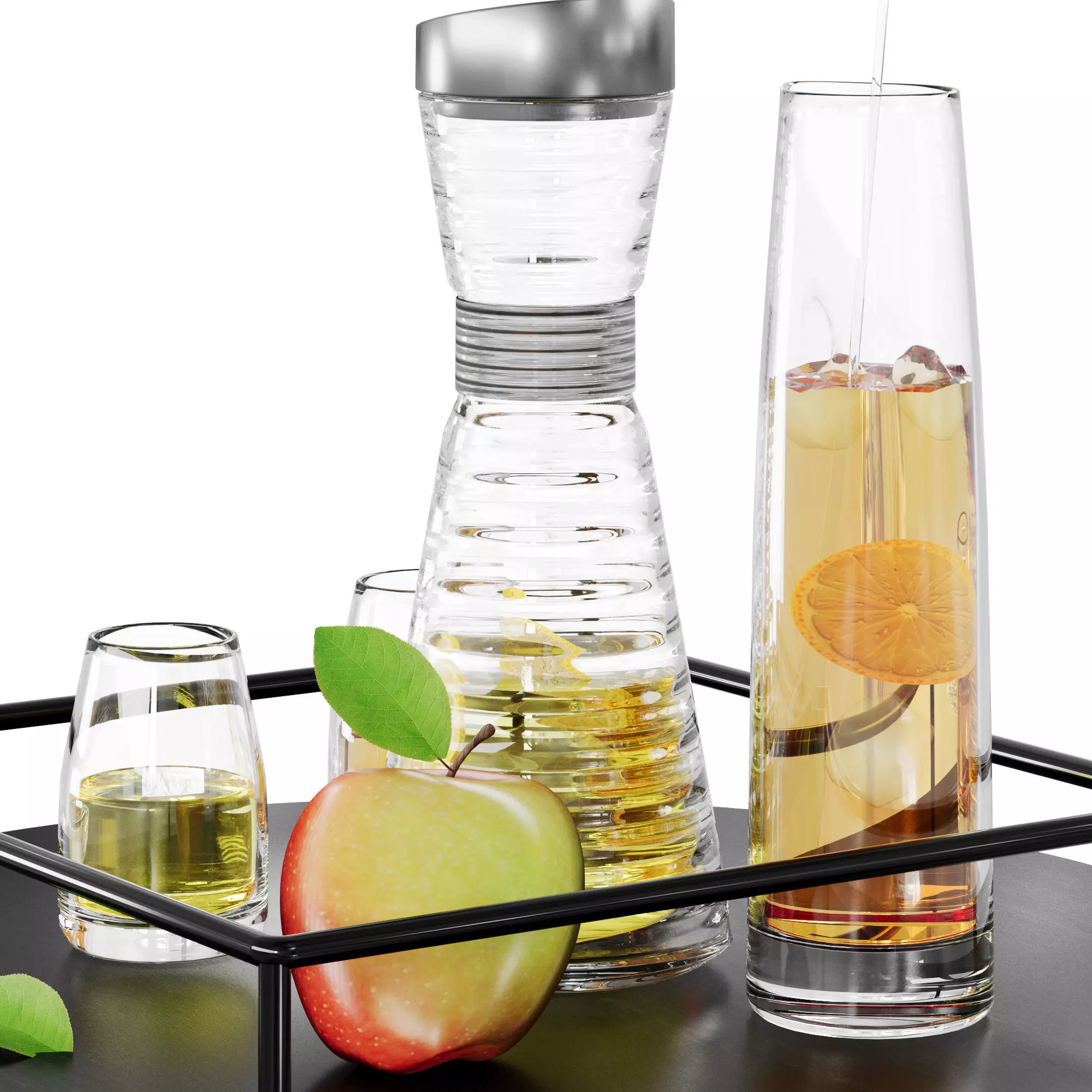 N30 DECANTER Fruit Beverage Set with Apple on Black Tray 3D model_1