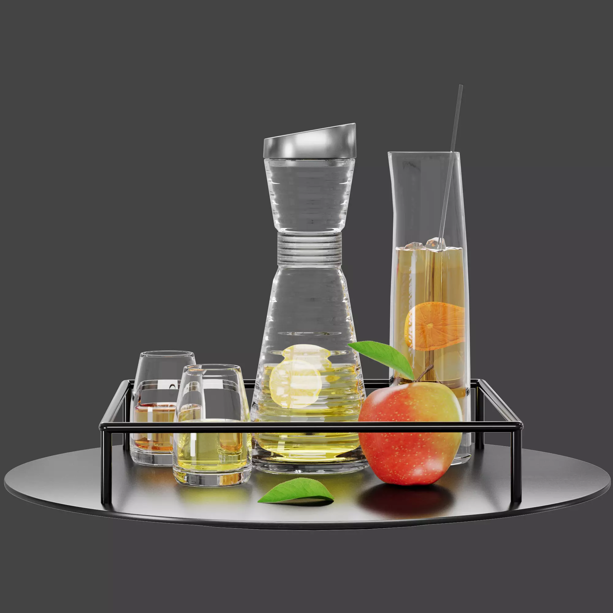 N30 DECANTER Fruit Beverage Set with Apple on Black Tray 3D model_3