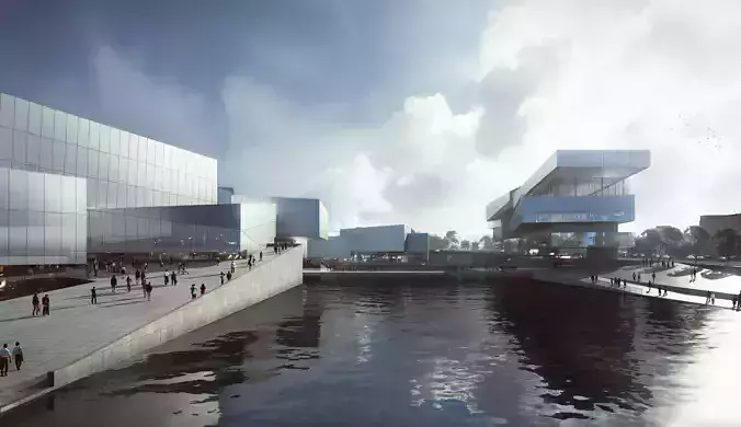 Waterfront Cultural Park With Green Roof Pavilions