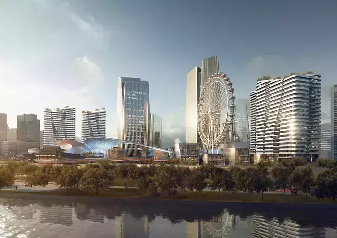 Waterfront City Skyline With Ferris Wheel