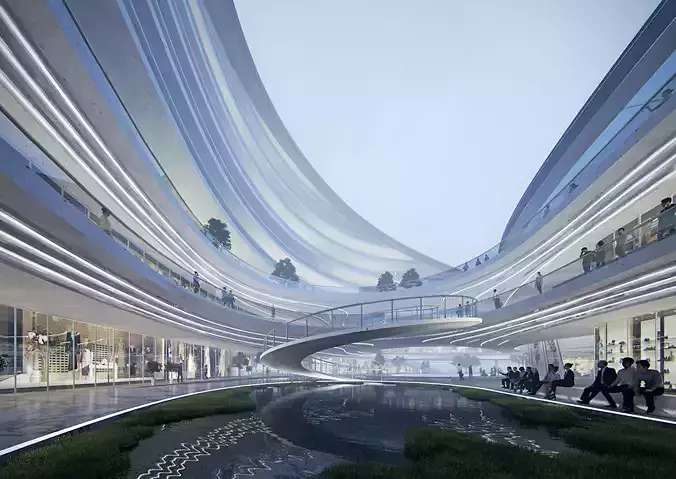 Futuristic Curved Retail Atrium Courtyard