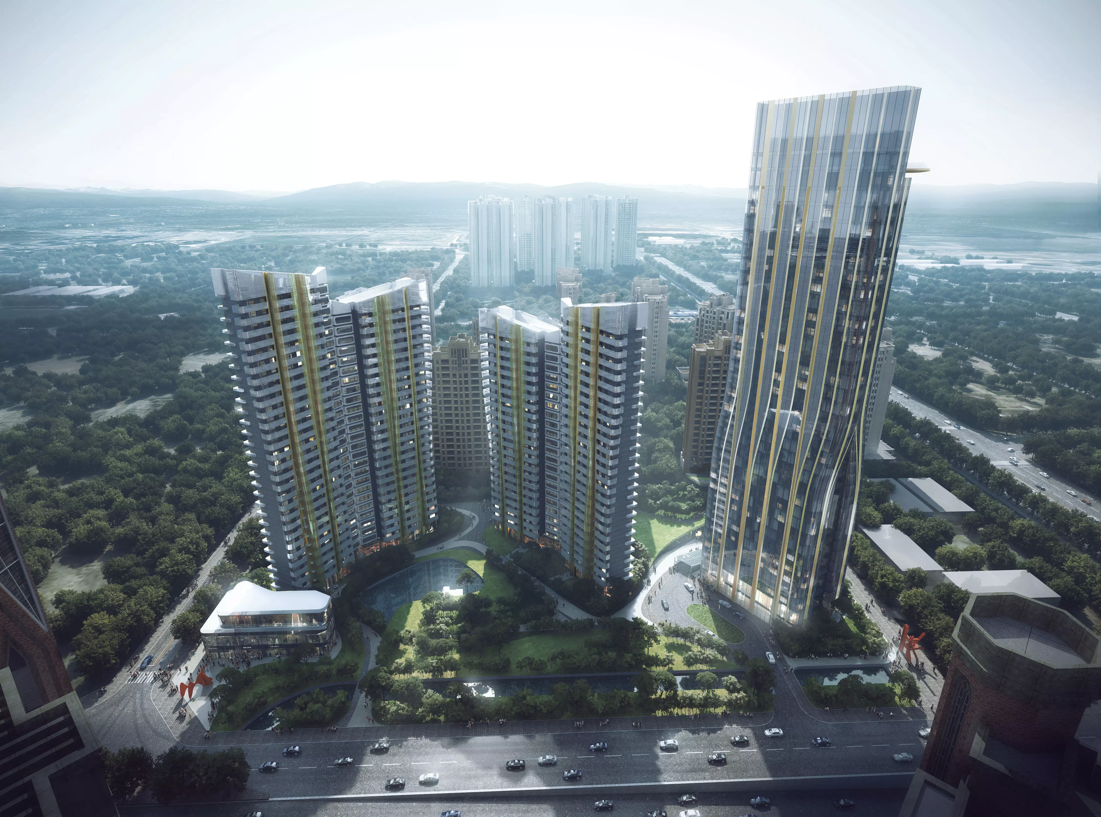 Modern Residential Towers With Landmark Highrise 3D model_4