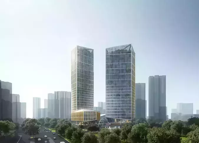 Twin Glass Office Skyscrapers With Podium