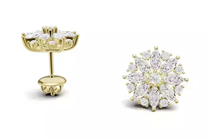 Flower Diamond Stud Earrings CAD Design with Marquise Style