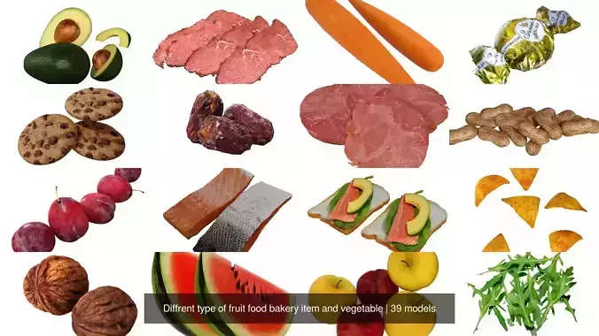 Diffrent type of fruit food bakery item and vegetable