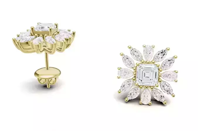 Asscher and Marquise Diamond Flower Stud Earrings