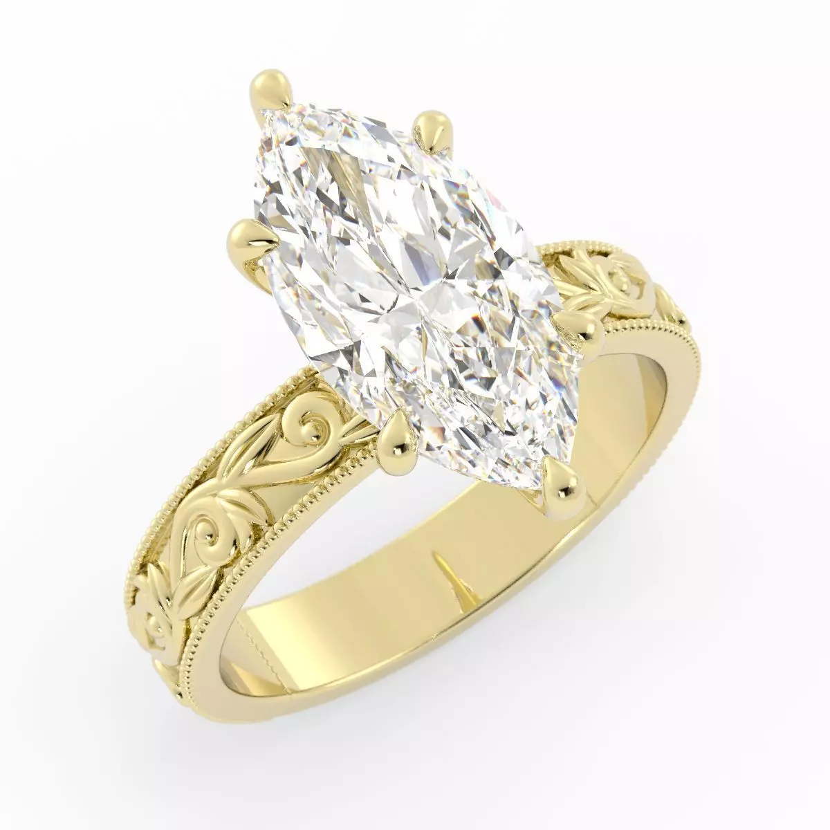Marquise Diamond Solitaire With Flower Design on Band 3dm 3D print model_2