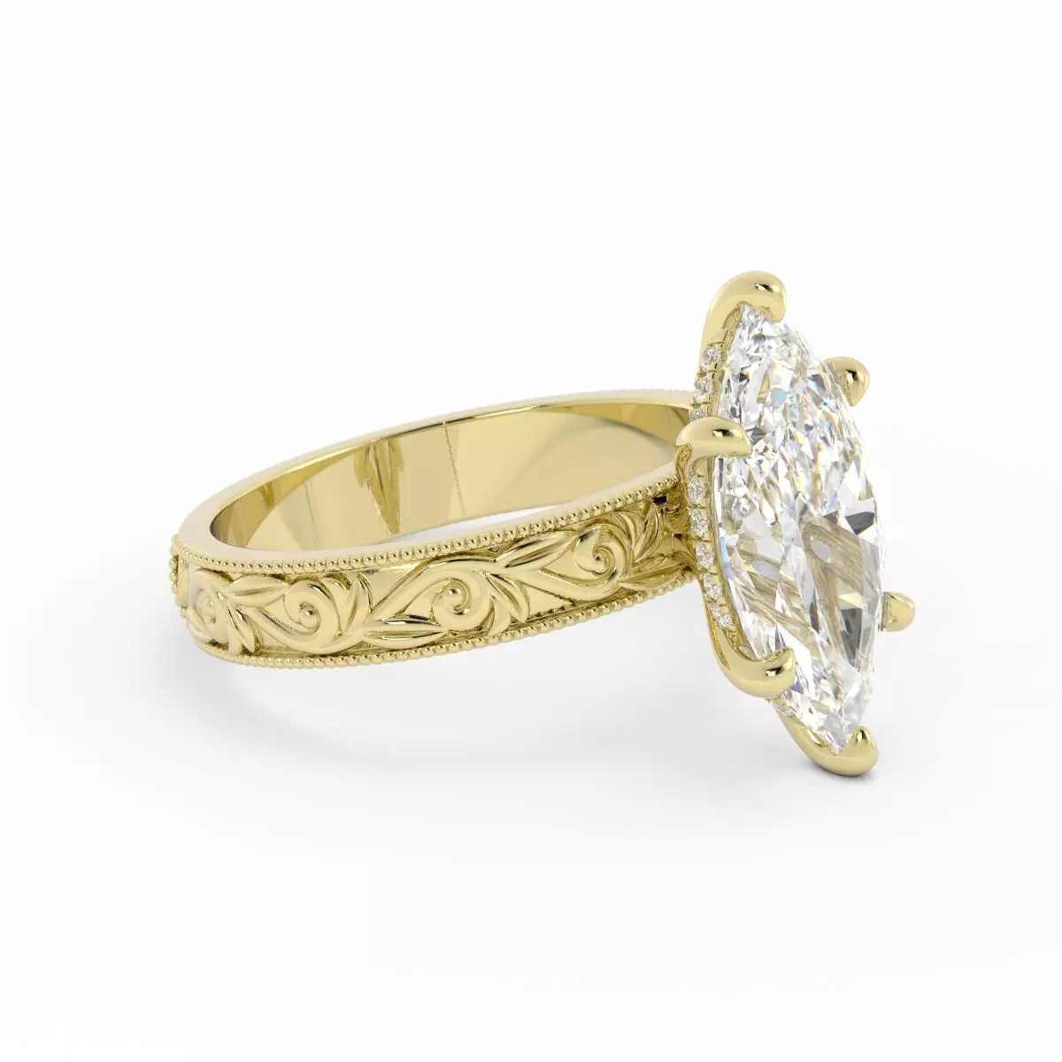 Marquise Diamond Solitaire With Flower Design on Band 3dm 3D print model_1