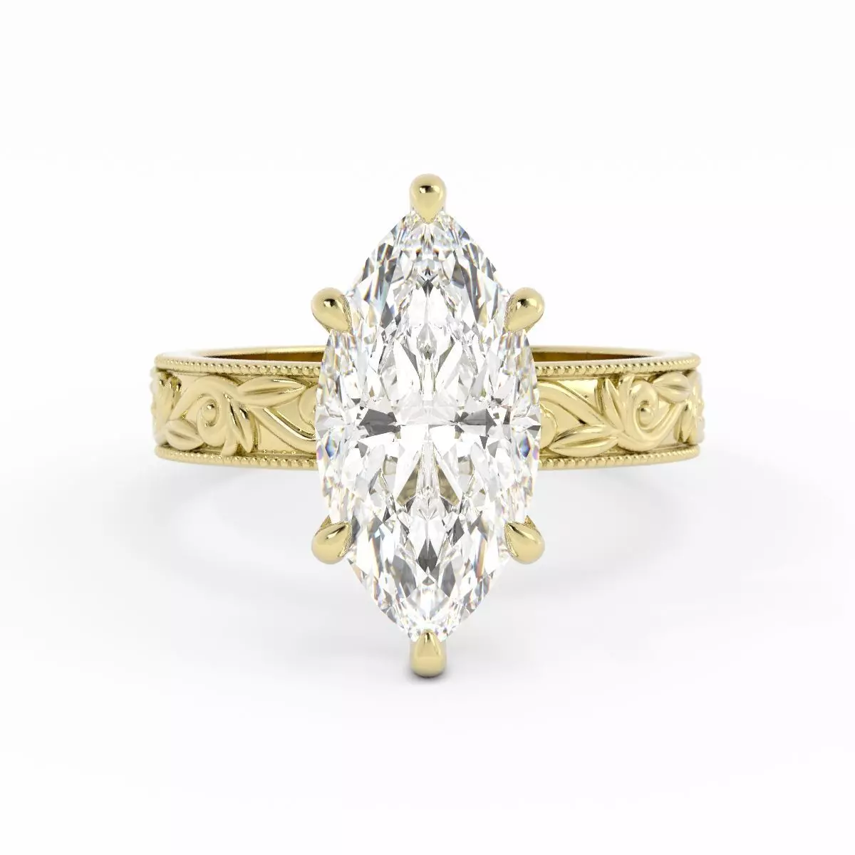 Marquise Diamond Solitaire With Flower Design on Band 3dm 3D print model_0