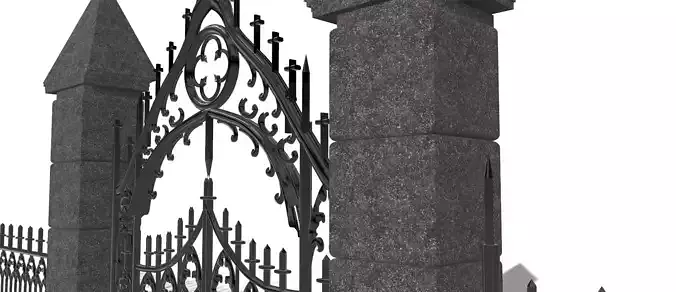 Gothic Iron Fence Gate with Stone Pillars